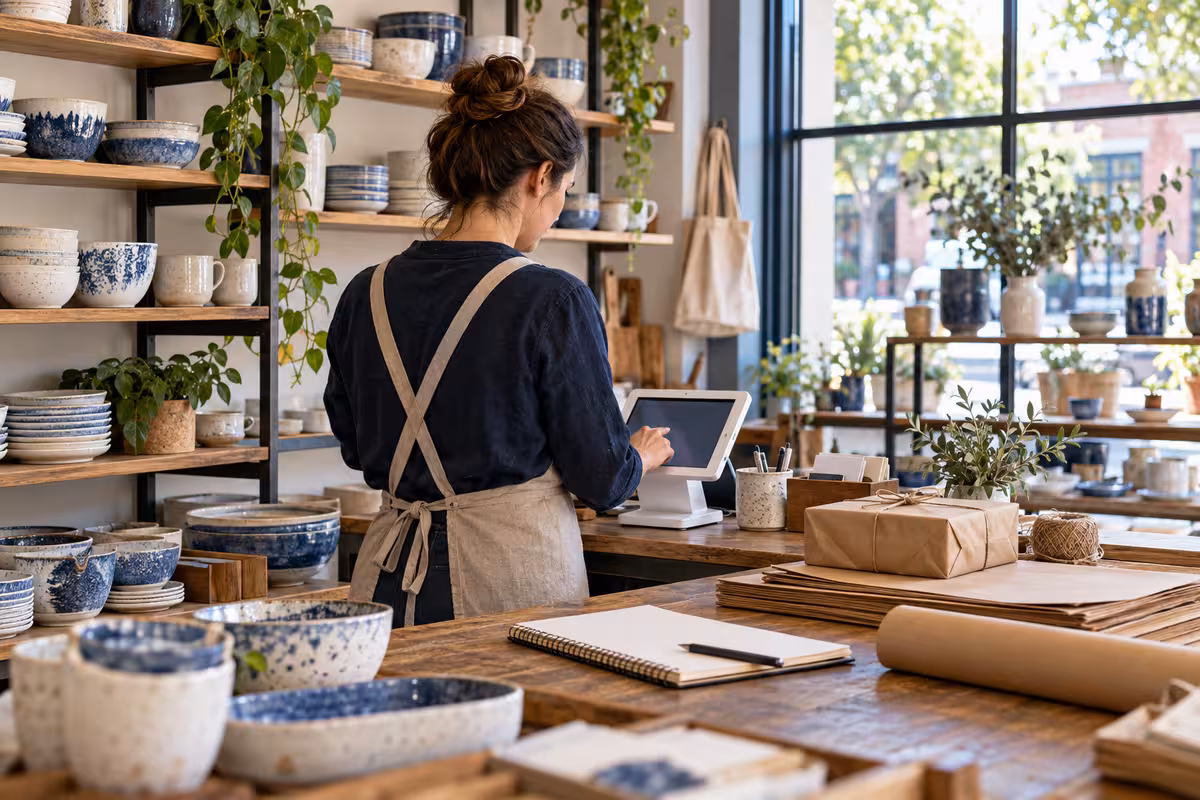 A shop owner using a tablet at the counter of a ceramics store