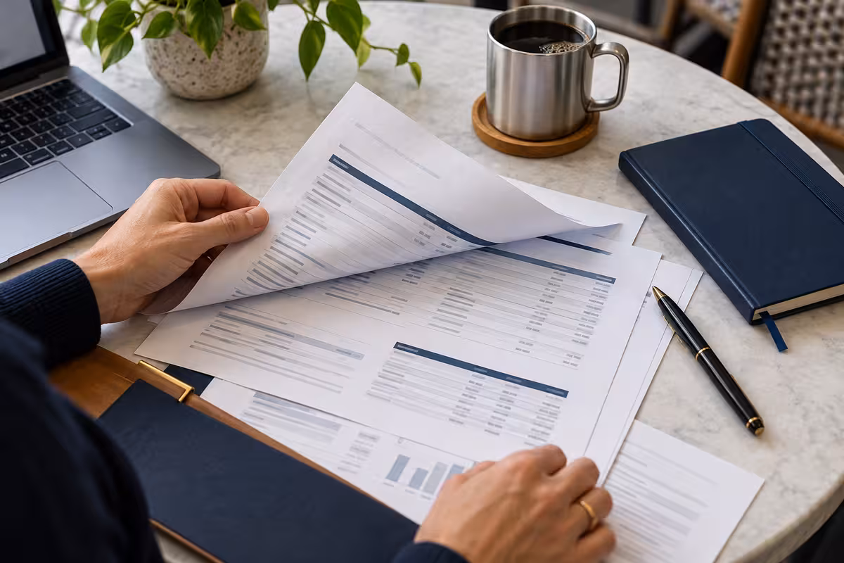 Hands reviewing printed business statements beside a laptop