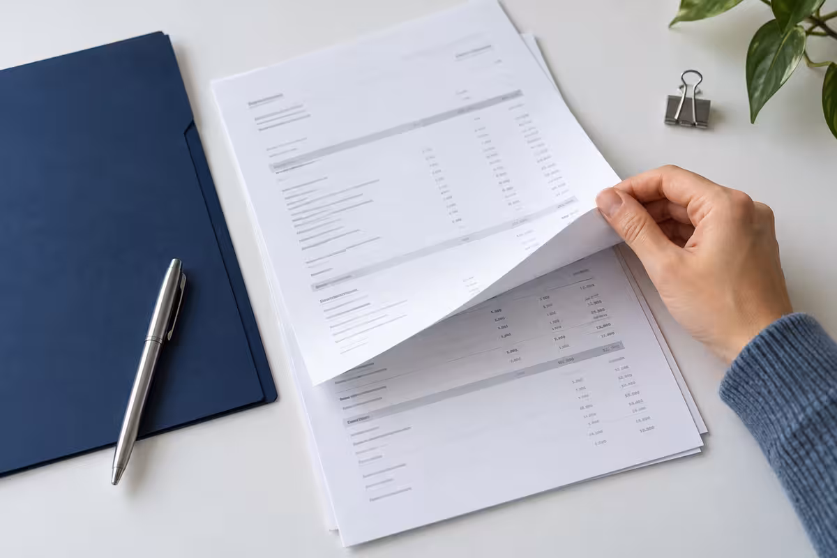 A hand turning the pages of a bank statement beside a navy folder