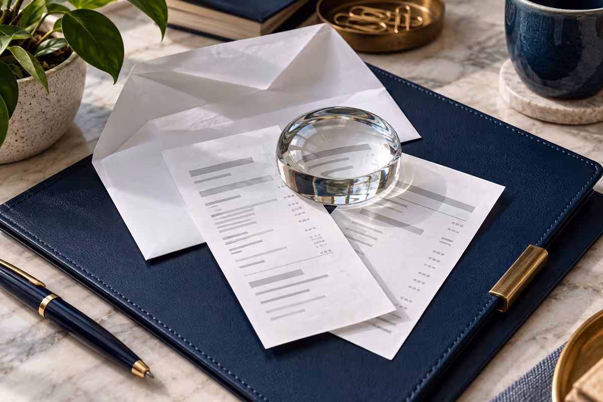 Bank statements and an envelope under a glass magnifier on a navy leather folder