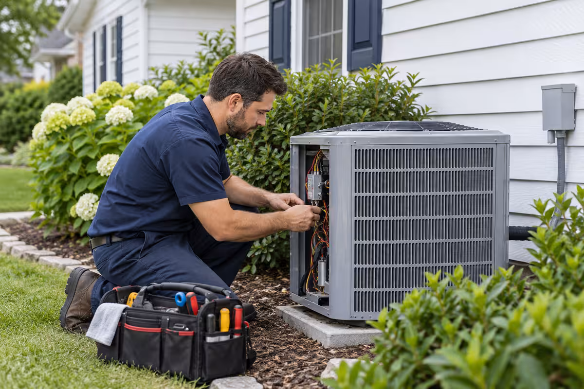 A technician handles maintenance at an ordinary home.
