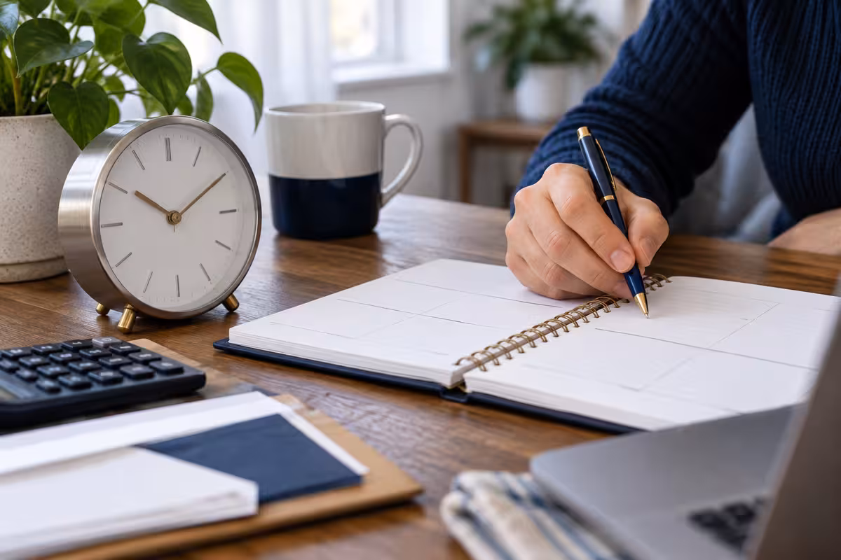 A clock and calendar support an organized payment routine.