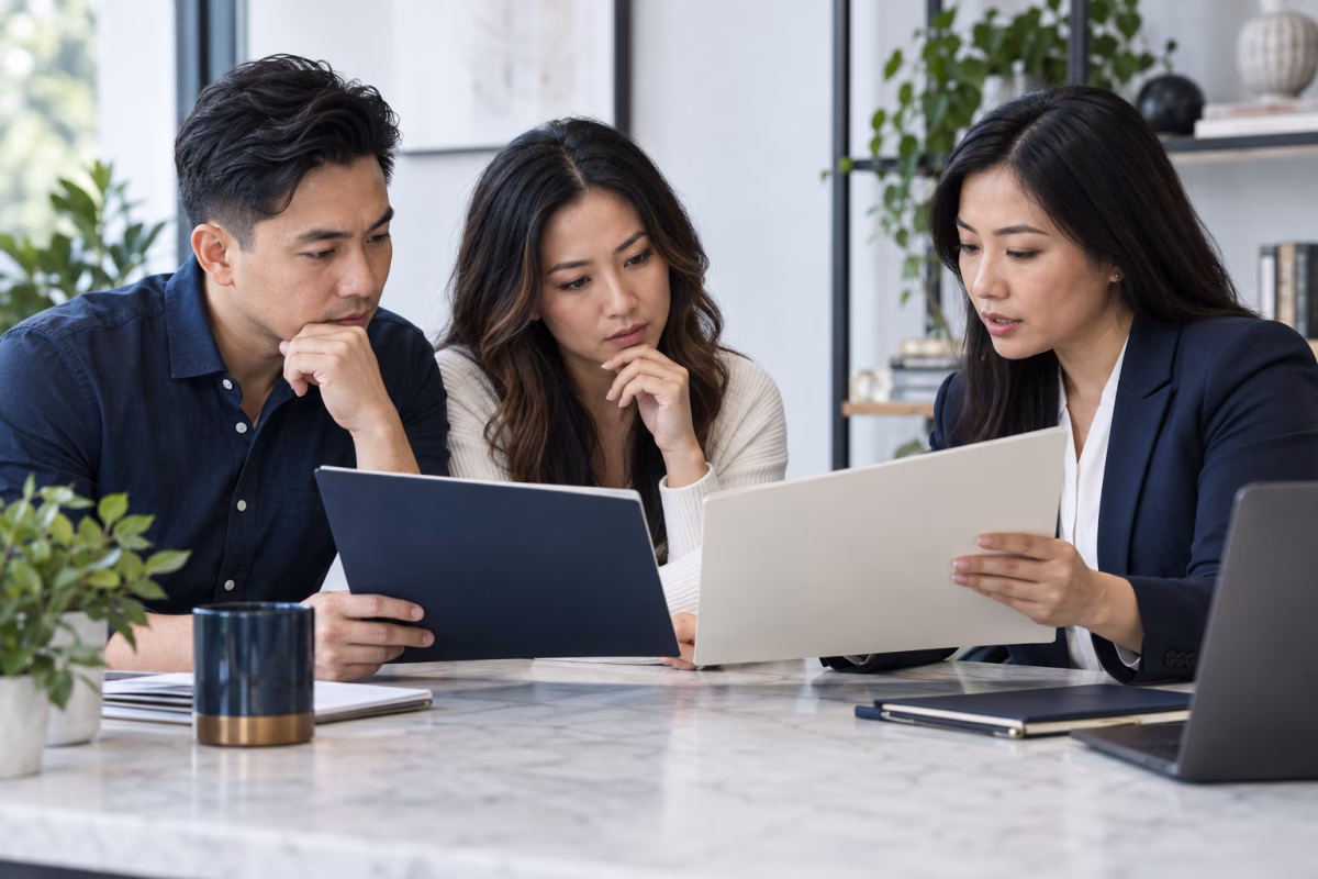 A couple and advisor compare two loan folders at an office table.