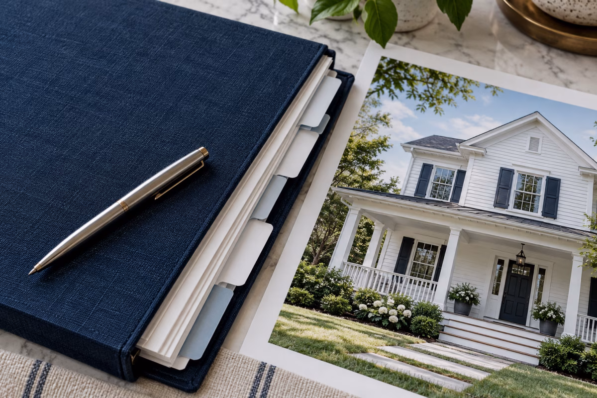A navy linen folder and an architectural photograph of the same home.