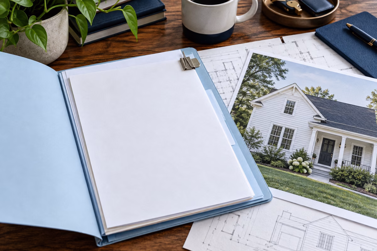 An open pale-blue document folder beside an architectural print.