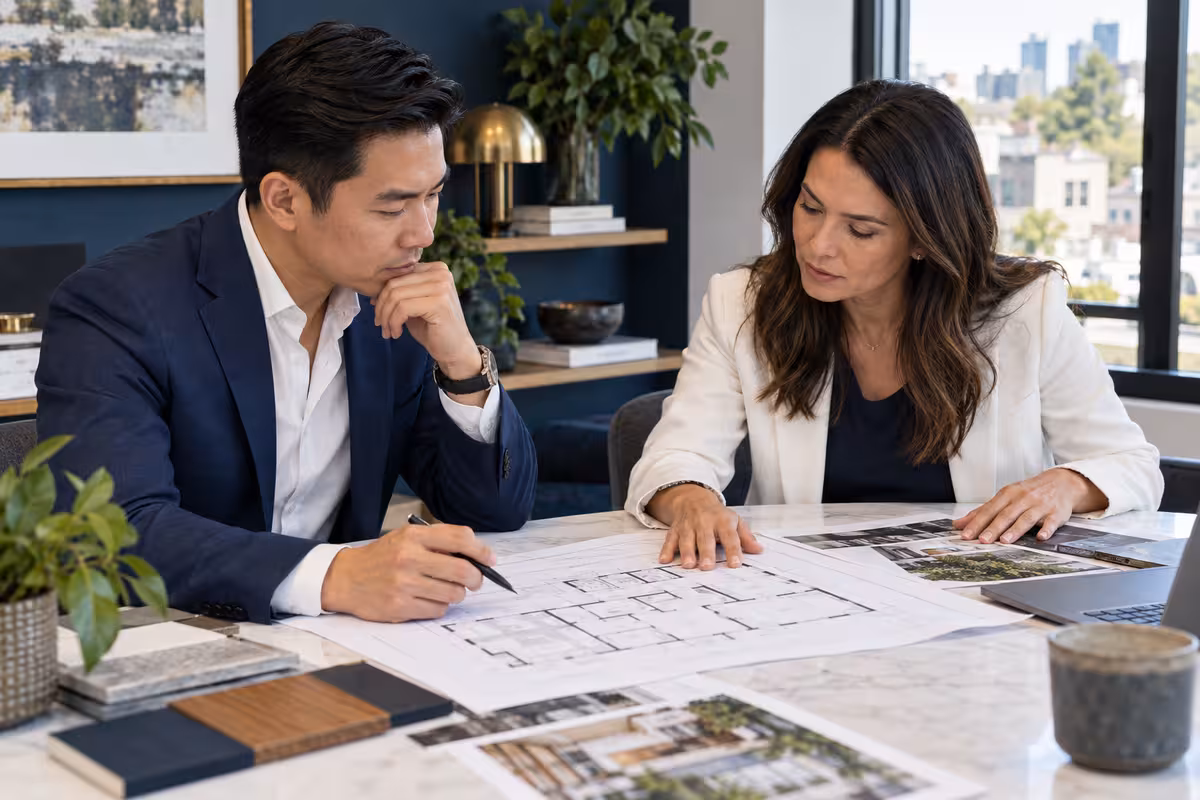 An investor and local professional review a property plan.