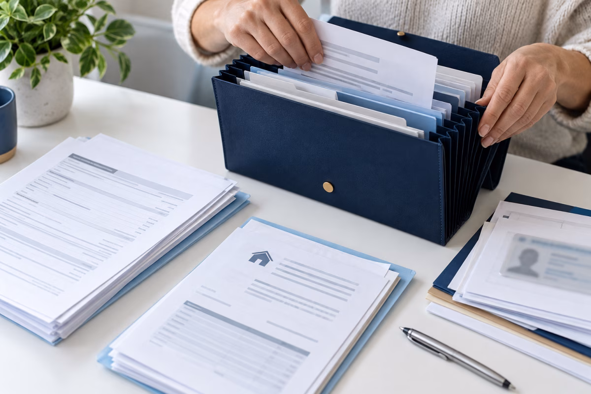 Hands organize financial documents in a navy accordion folder.