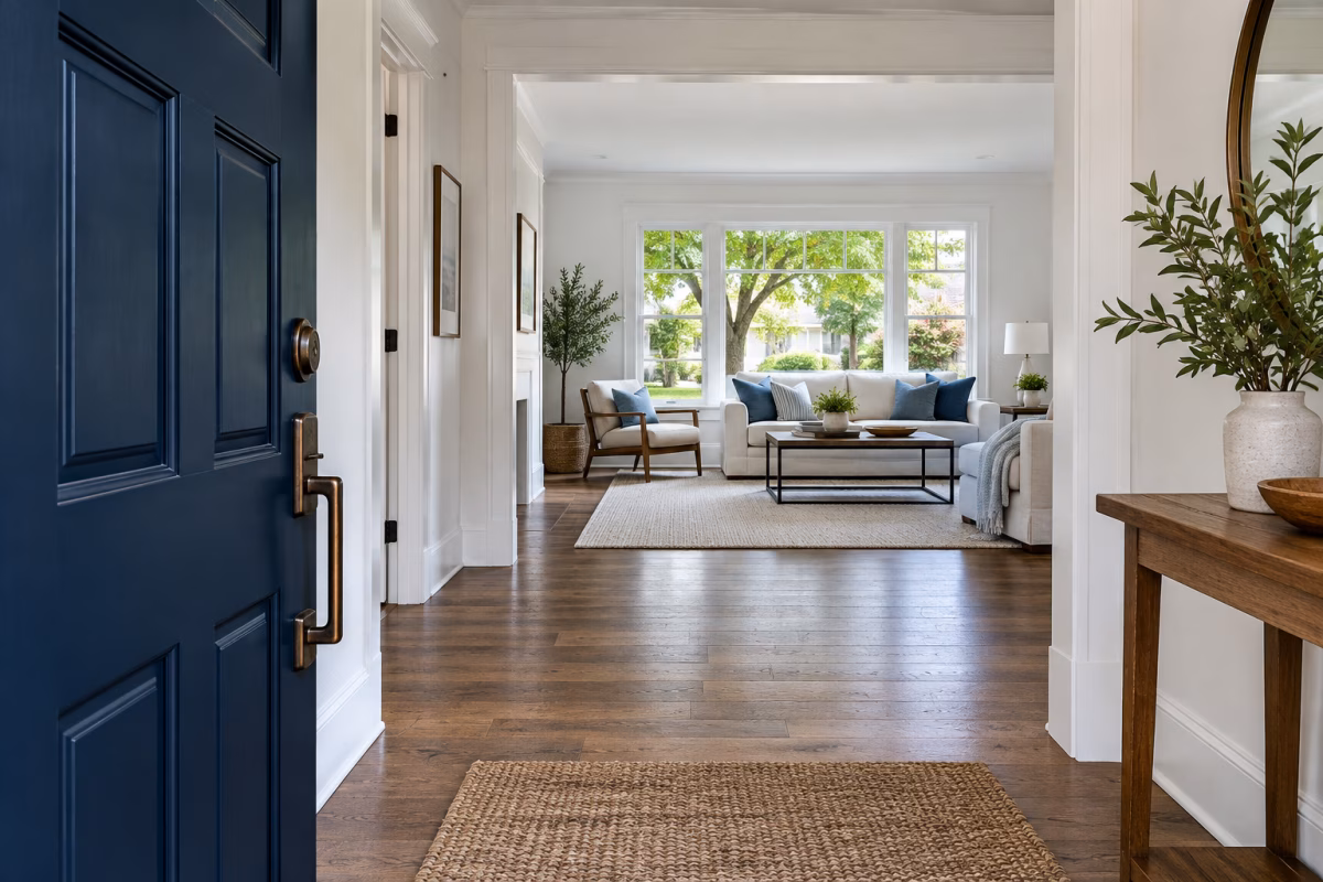 The entrance of an ordinary home opens into an empty living room.
