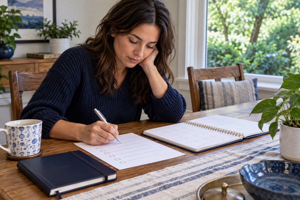 A homebuyer reviews a checklist and calendar beside a navy notebook.