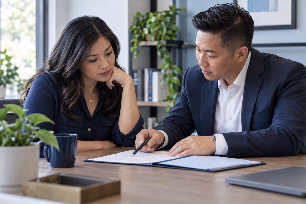 A homebuyer and loan advisor review the conditions in a plain document folder.