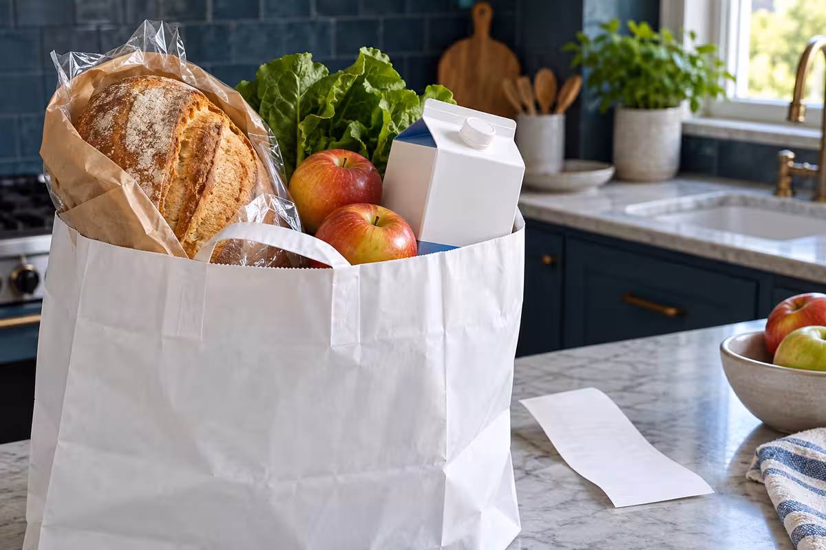 A paper grocery bag with bread, milk and fruit on a kitchen counter