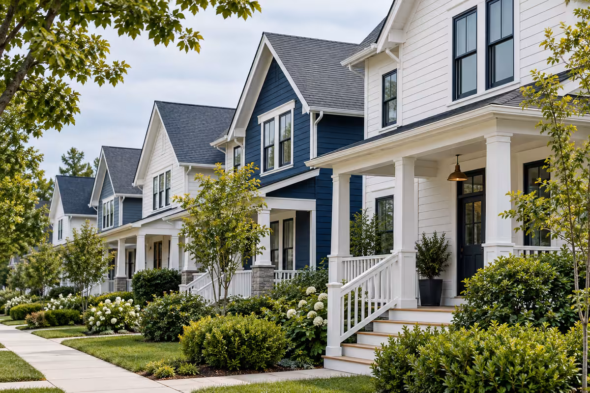 A row of houses with front porches on a tree-lined street