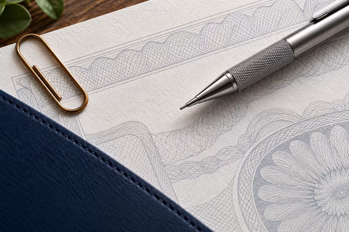 A silver pen and a brass paper clip on an engraved bond certificate