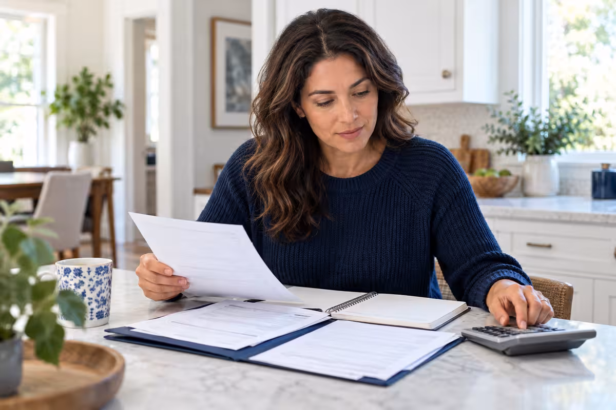 A homeowner reads a statement alongside a household notebook.