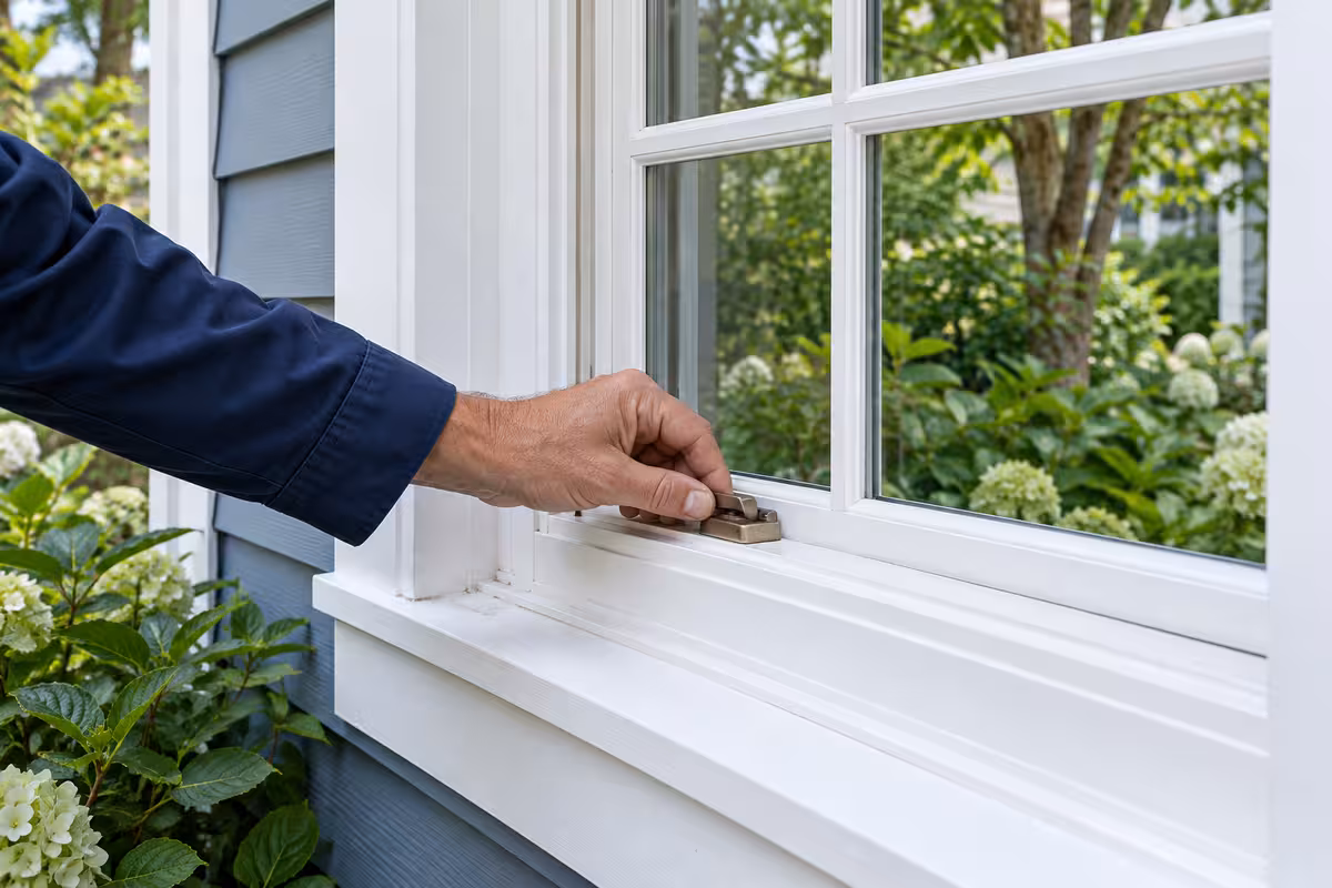 A homeowner checks a window at an ordinary house.
