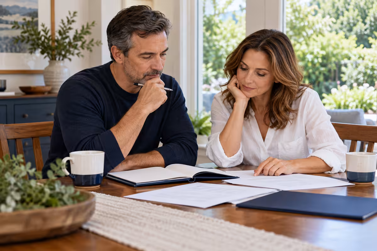 A couple reviewing household finances at a kitchen table