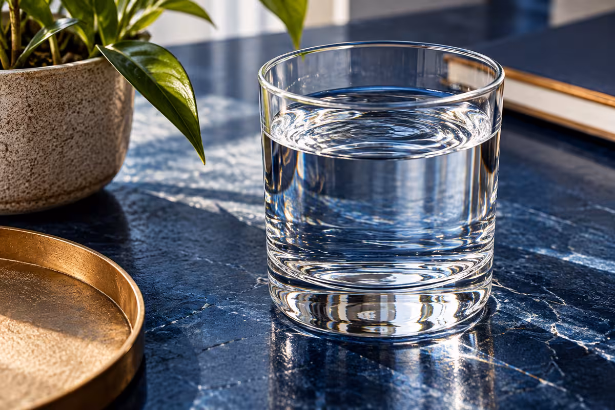 A glass of water on a dark marble counter