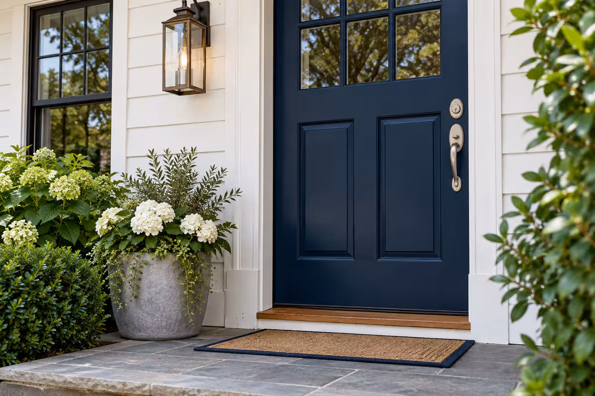 A navy front door framed by white hydrangeas