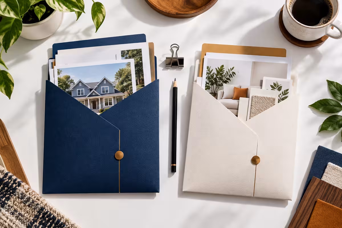 Two document pockets, navy and cream, holding a house photo and room swatches