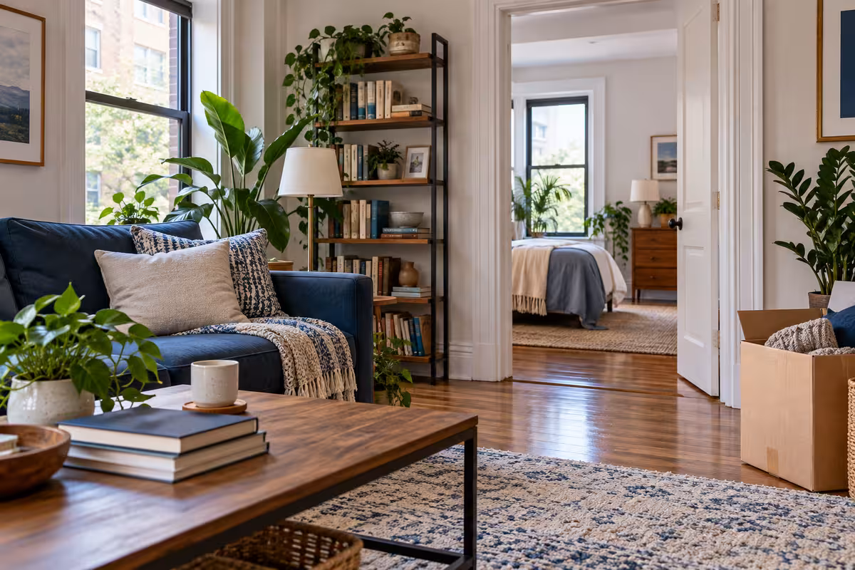 A rented apartment living room with moving boxes by the door