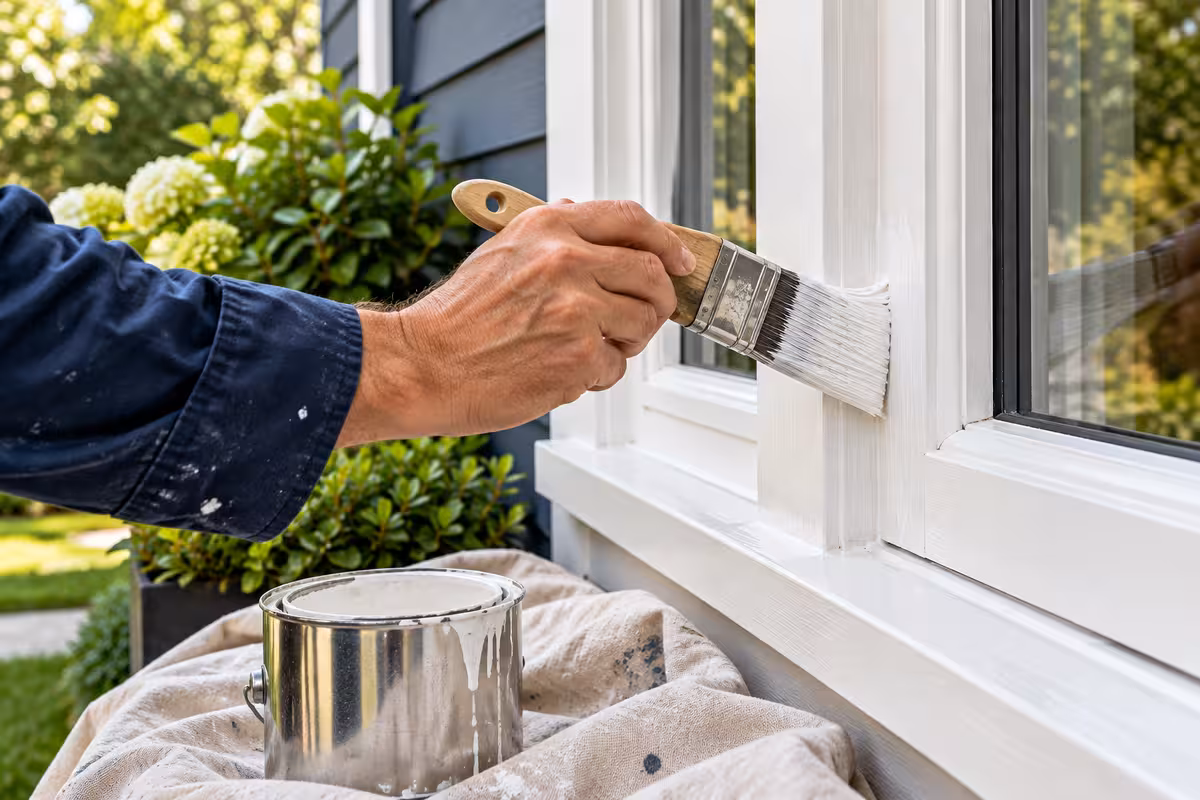 A hand painting a white window frame