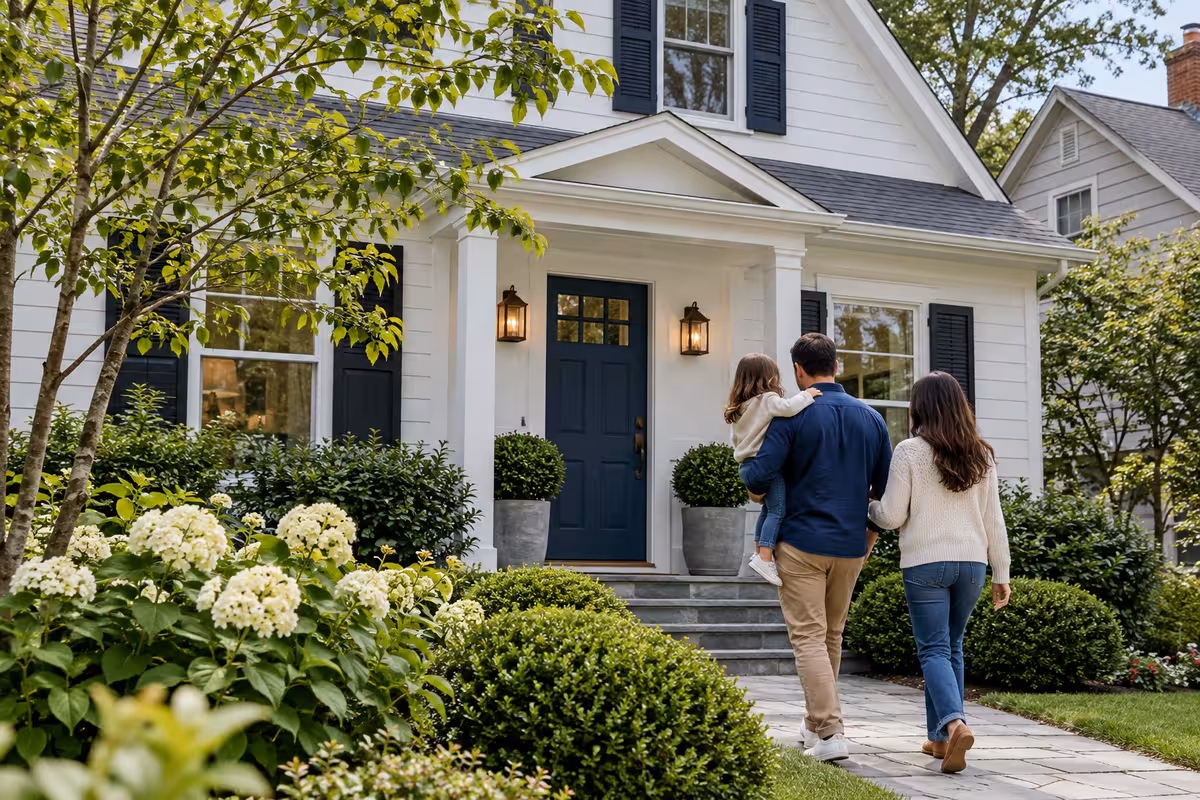 A family walking up to the porch of a white house