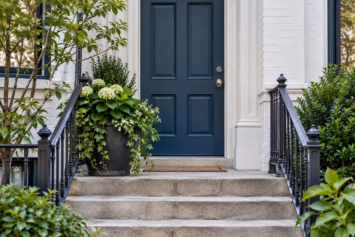 The front steps and navy door of an apartment building