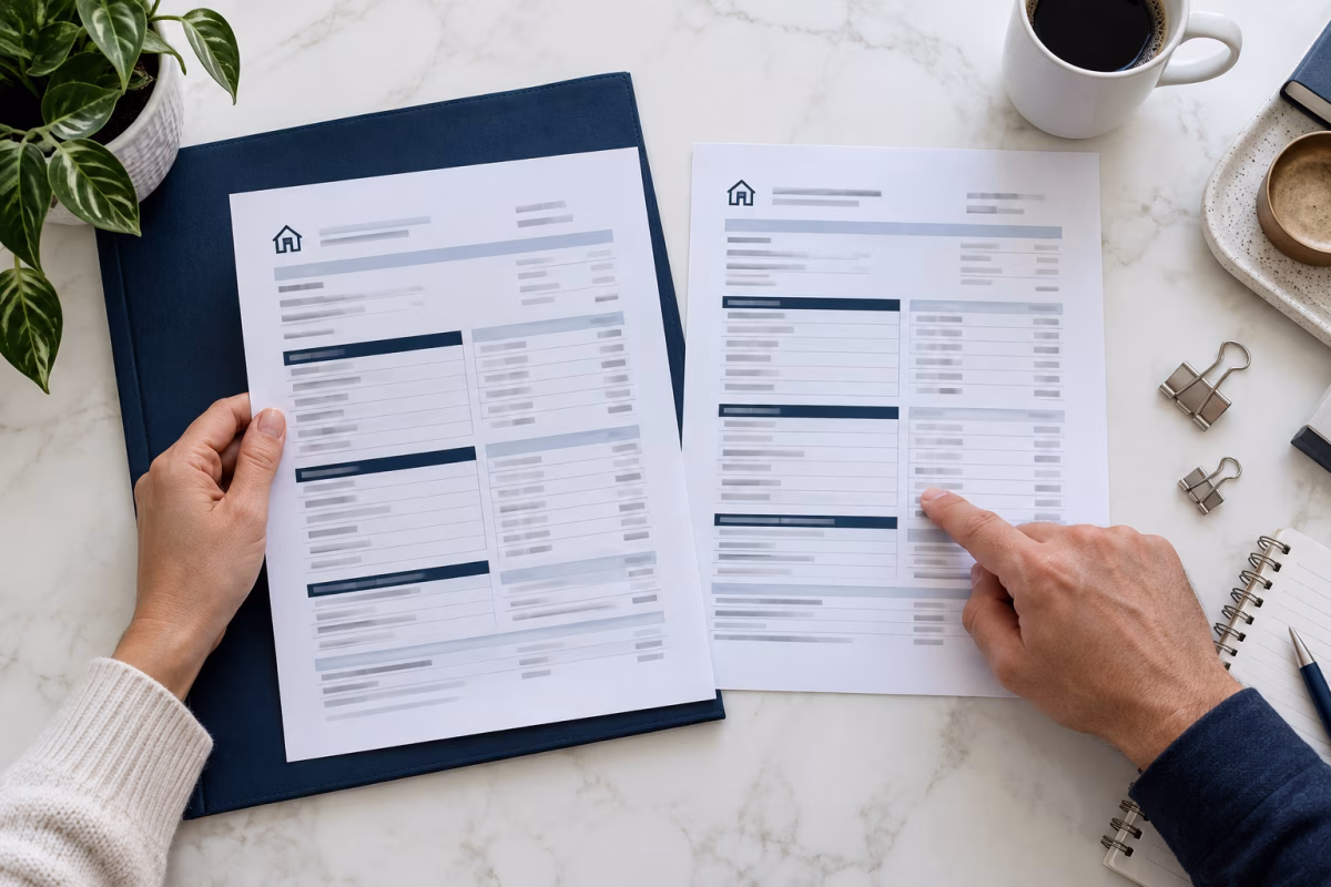 Two hands compare plain loan estimate sheets side by side.
