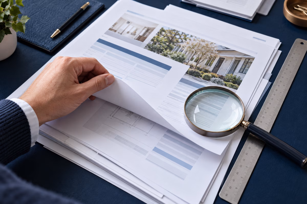Settlement papers and a magnifying lens on a navy desk mat.