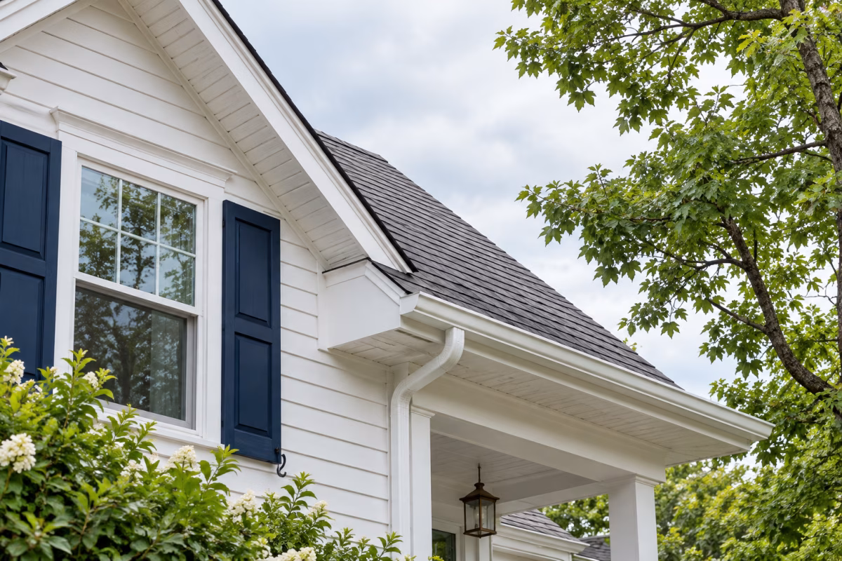 Roof, gutter and white siding of an ordinary American home.