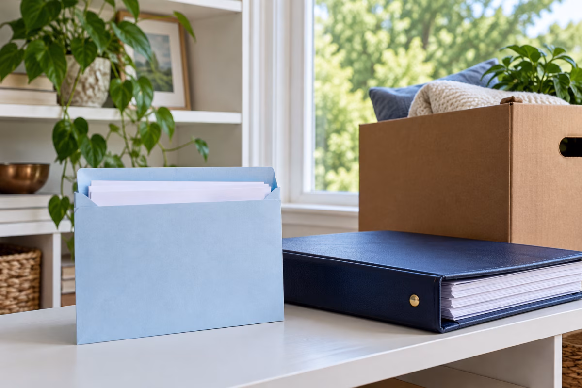 A pale-blue reserve pocket beside a navy binder and an ordinary moving box.