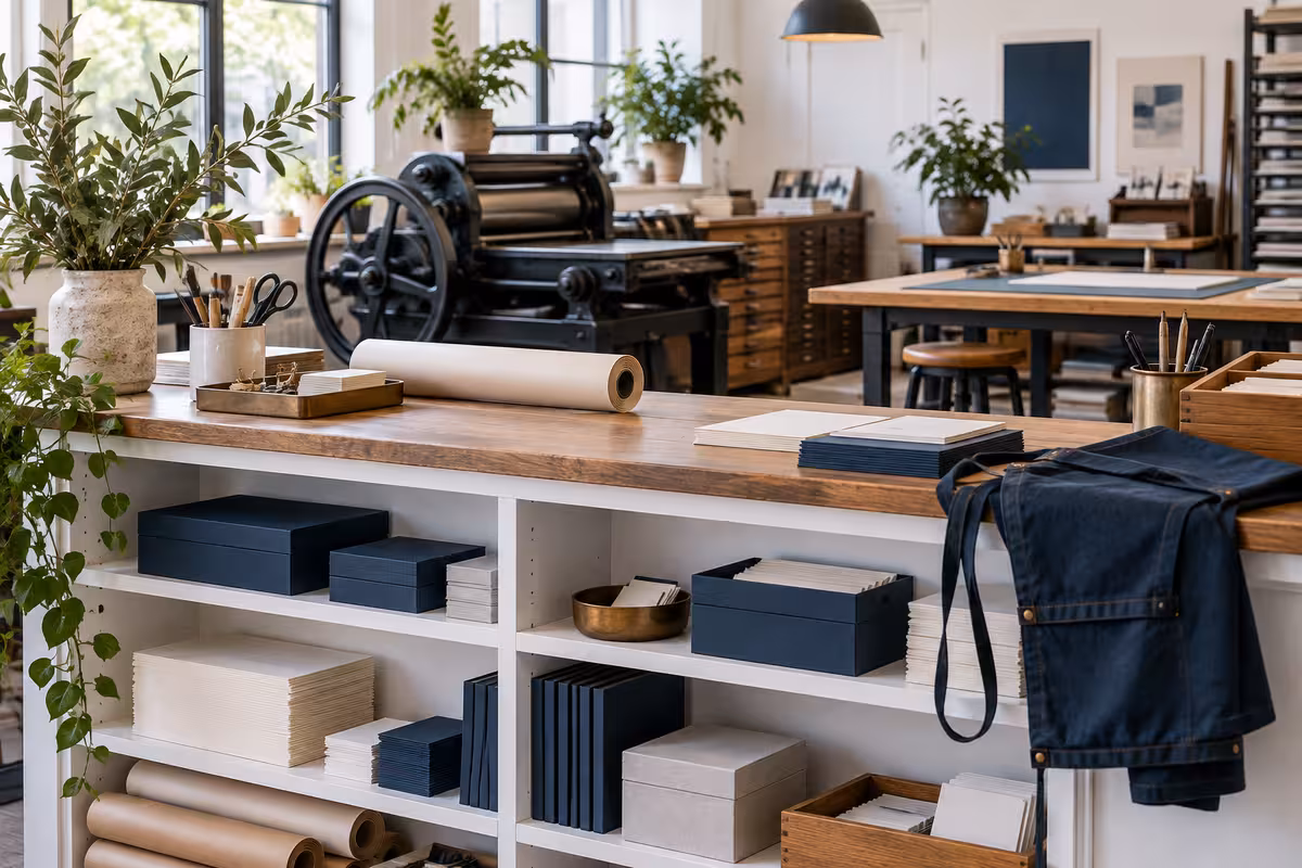 A small workshop with shelves of supplies