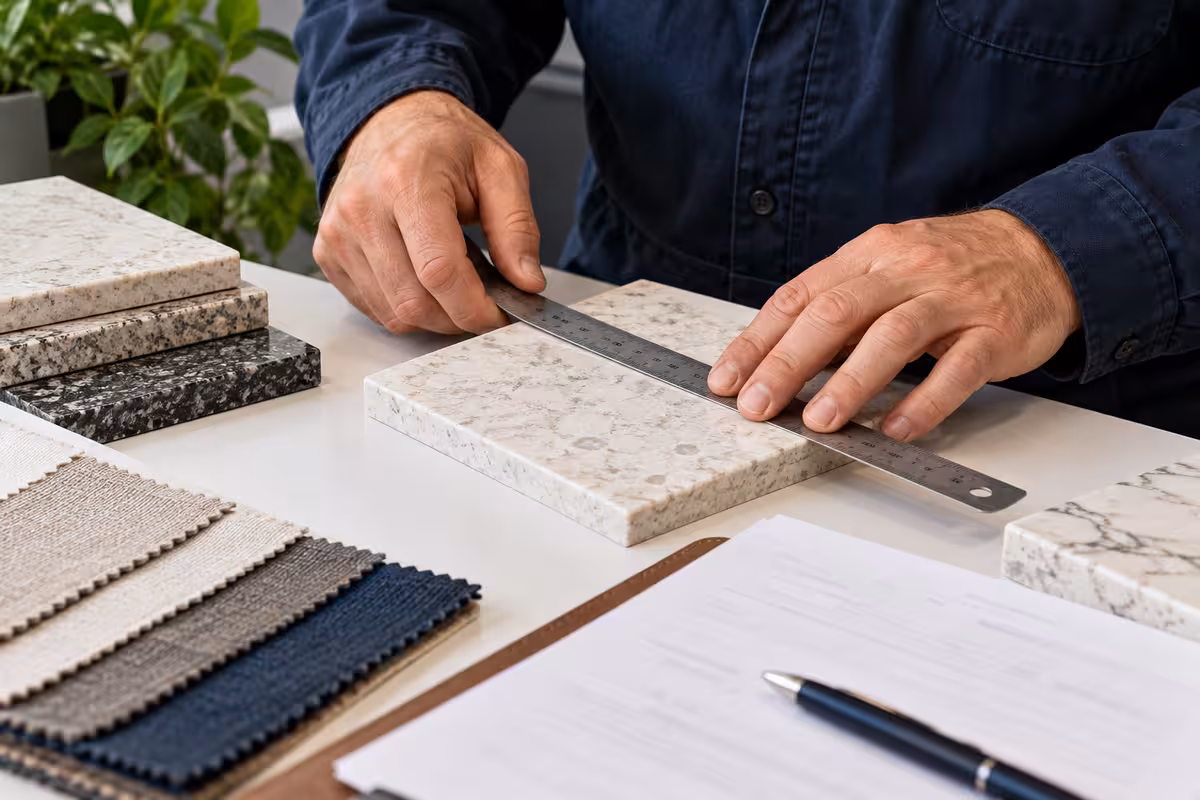 A craftsperson measuring material samples at a workbench