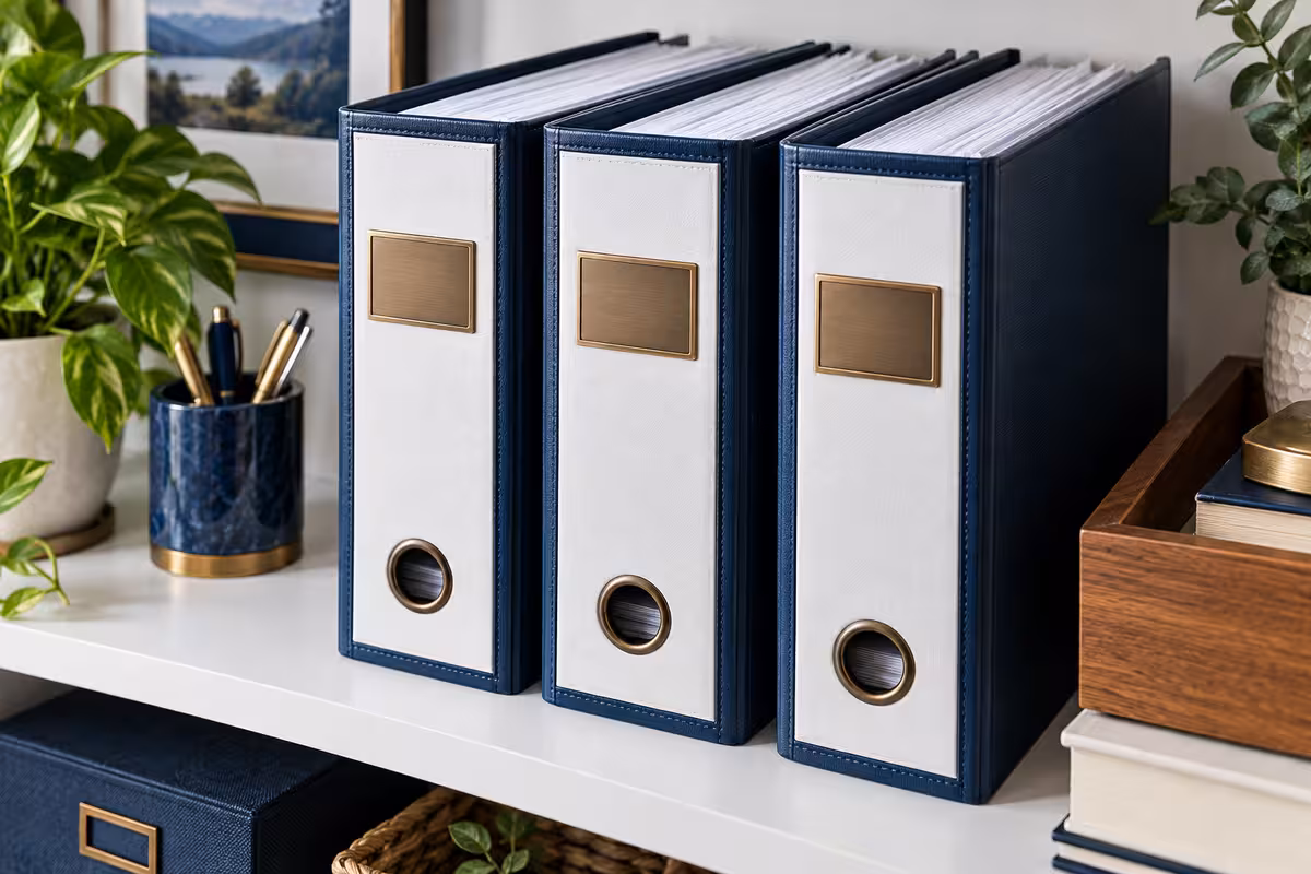 Navy binders lined up on a white shelf