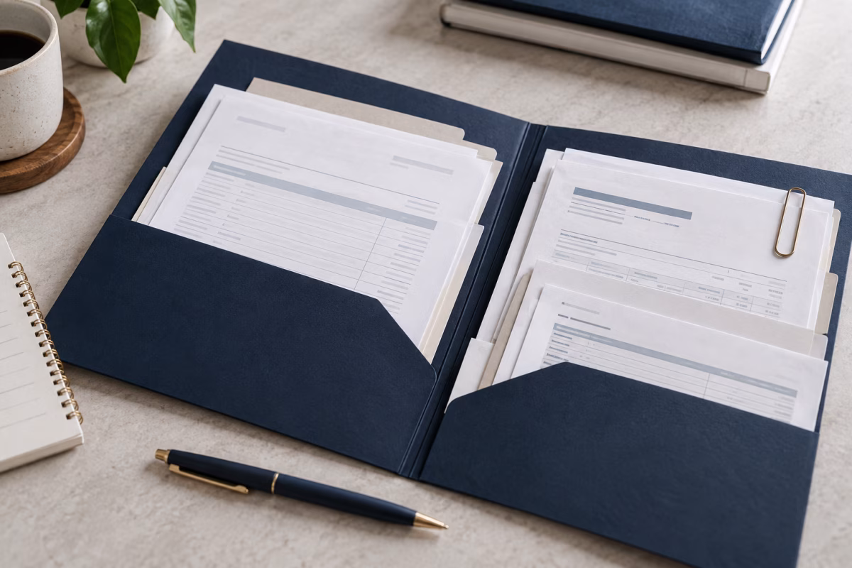Personal and business tax paperwork organized in a navy document folder