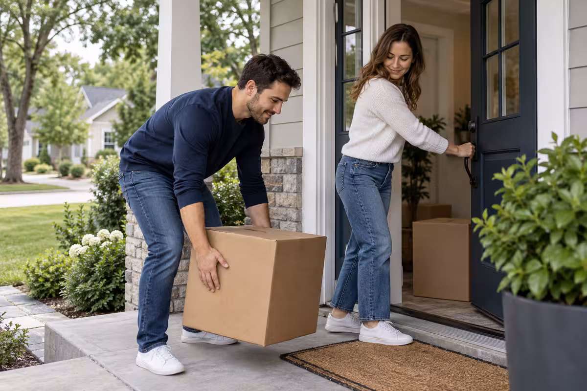 A couple carrying a moving box through the front door of their home