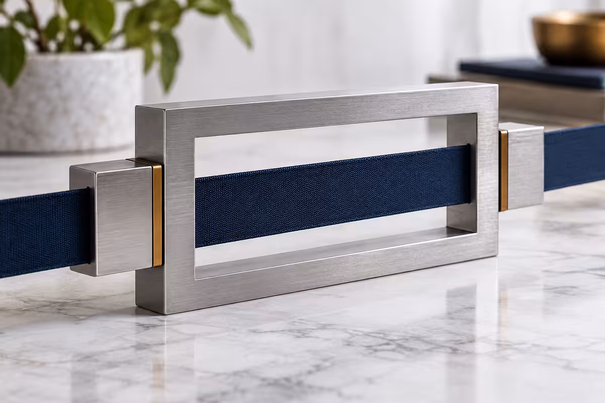 A brushed-steel buckle fastened on a navy strap