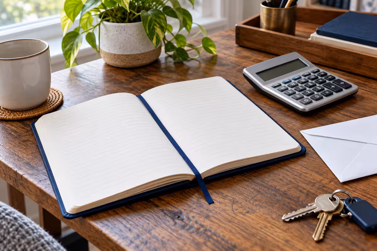 An open notebook, a calculator and house keys on a wooden desk