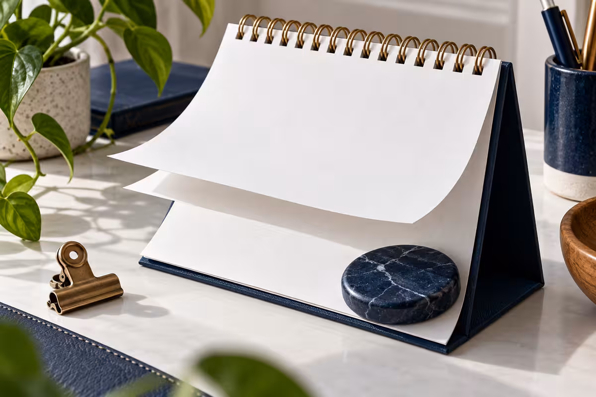 Desk calendar pages turning beside a marble paperweight