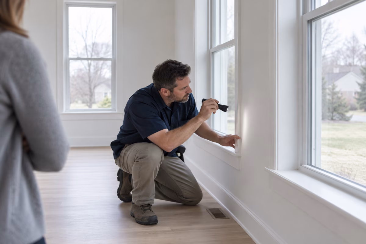 A home inspector examines a window frame while a buyer observes.